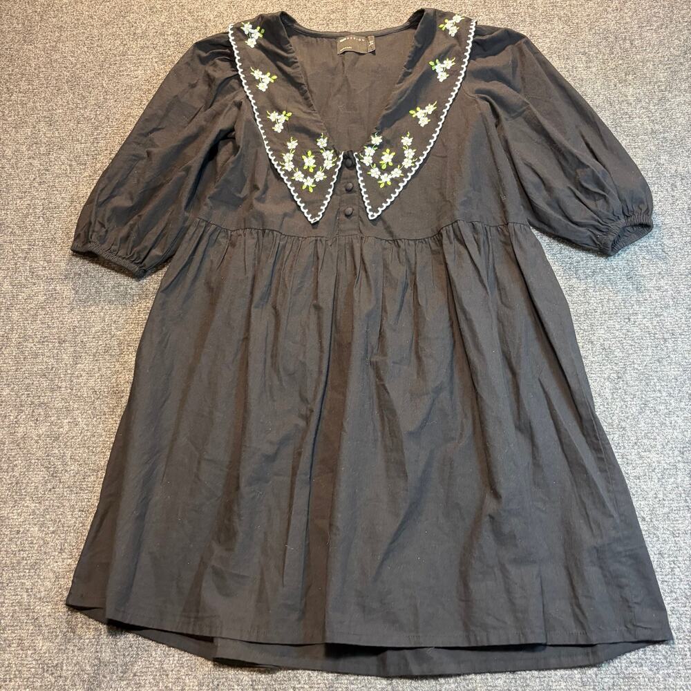 ASOS Black Floral Embroidered Peter Pan Collar Babydoll Mini Dress 0 Cottagecore